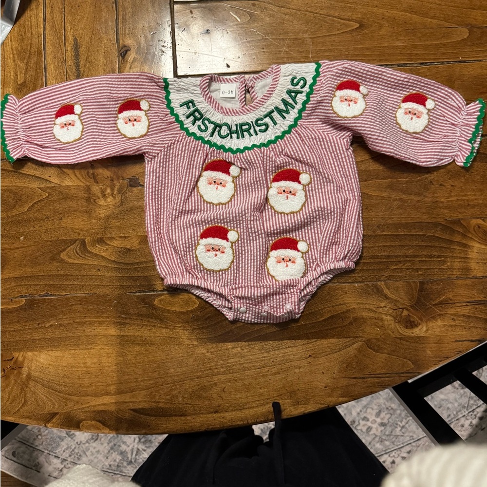 First Christmas Girls Smocked Santa Bubble Romper - Picture 3 of 7